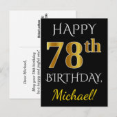 Zwart, Faux Gold 78th Birthday + Aangepaste naam Briefkaart (Voorkant / Achterkant)