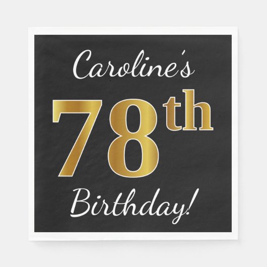 Zwart, Faux Gold 78th Birthday + Aangepaste naam Servetten (Voorkant)