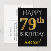 Zwart, Faux Gold 79th Birthday + Aangepaste naam Briefkaart (Voorkant / Achterkant)