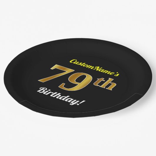 Zwart, Faux Gold 79th Birthday + Aangepaste naam Papieren Bordje (Gekanteld)