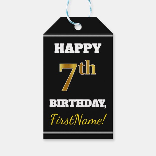 Zwart, Faux Gold 7th Birthday + Eigen naam Cadeaulabel (Voorkant)
