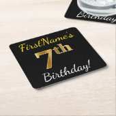 Zwart, Faux Gold 7th Birthday + Eigen naam Kartonnen Onderzetters (Schuin)