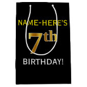 Zwart, Faux Gold 7th Birthday + Eigen naam Medium Cadeauzakje (Voorkant)