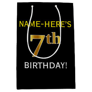 Zwart, Faux Gold 7th Birthday + Eigen naam Medium Cadeauzakje