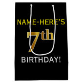 Zwart, Faux Gold 7th Birthday + Eigen naam Medium Cadeauzakje (Achterkant)