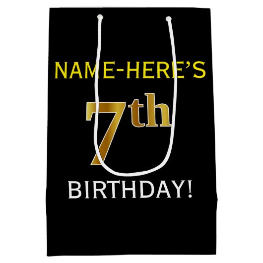 Zwart, Faux Gold 7th Birthday + Eigen naam Medium Cadeauzakje (Achterkant)