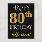 Zwart, Faux Gold 80th Birthday + Aangepaste naam Briefkaart (Voorkant)