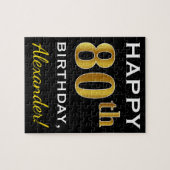 Zwart, Faux Gold 80th Birthday + Aangepaste naam Legpuzzel (Horizontaal)