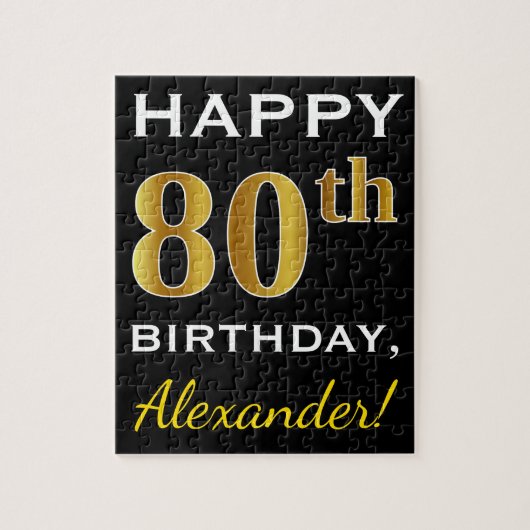 Zwart, Faux Gold 80th Birthday + Aangepaste naam Legpuzzel (Verticaal)