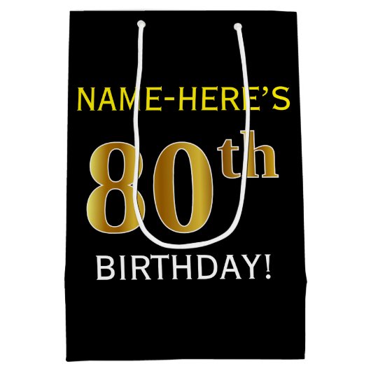 Zwart, Faux Gold 80th Birthday + Aangepaste naam Medium Cadeauzakje (Achterkant)