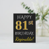 Zwart, Faux Gold 81st verjaardag + Aangepaste naam Briefkaart (Staand voorkant)