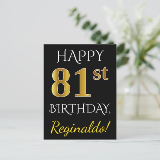 Zwart, Faux Gold 81st verjaardag + Aangepaste naam Briefkaart (Staand voorkant)