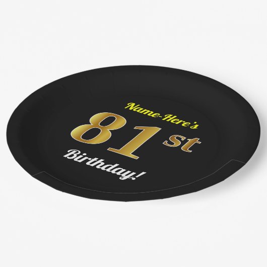 Zwart, Faux Gold 81st verjaardag + Aangepaste naam Papieren Bordje (Gekanteld)