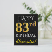Zwart, Faux Gold 83rd Birthday + Eigen naam Briefkaart (Staand voorkant)