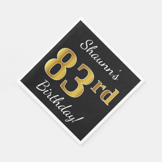 Zwart, Faux Gold 83rd Birthday + Eigen naam Servet (Hoek)