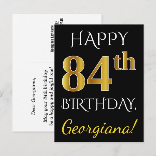 Zwart, Faux Gold 84th Birthday + Eigen naam Briefkaart (Voorkant / Achterkant)