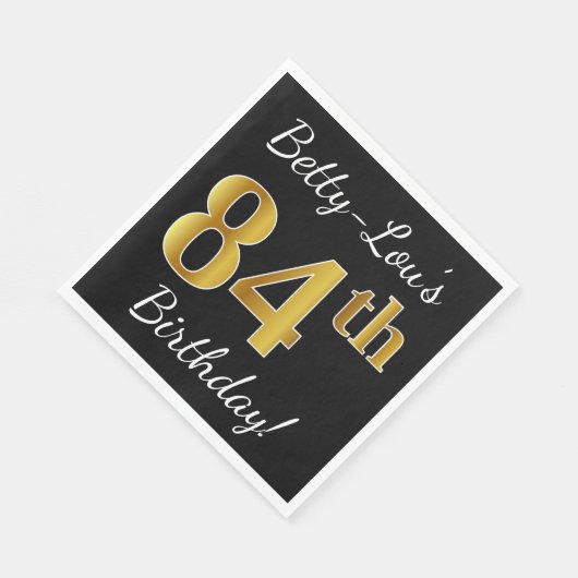Zwart, Faux Gold 84th Birthday + Eigen naam Servetten (Hoek)