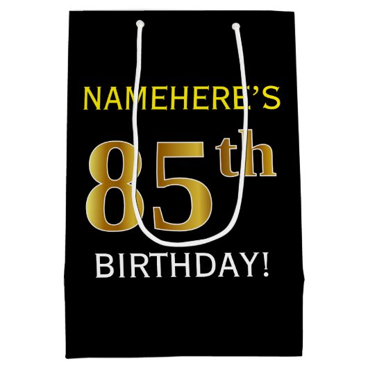 Zwart, Faux Gold 85th Birthday + Eigen naam Medium Cadeauzakje (Achterkant)