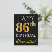 Zwart, Faux Gold 86th Birthday + Aangepaste naam Briefkaart (Staand voorkant)