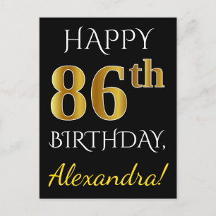 Zwart, Faux Gold 86th Birthday + Aangepaste naam Briefkaart
