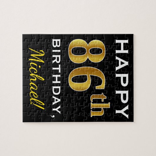 Zwart, Faux Gold 86th Birthday + Aangepaste naam Legpuzzel (Horizontaal)