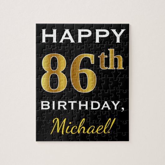Zwart, Faux Gold 86th Birthday + Aangepaste naam Legpuzzel (Verticaal)