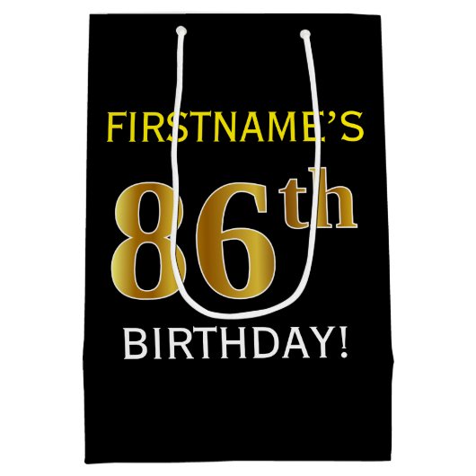 Zwart, Faux Gold 86th Birthday + Aangepaste naam Medium Cadeauzakje (Achterkant)
