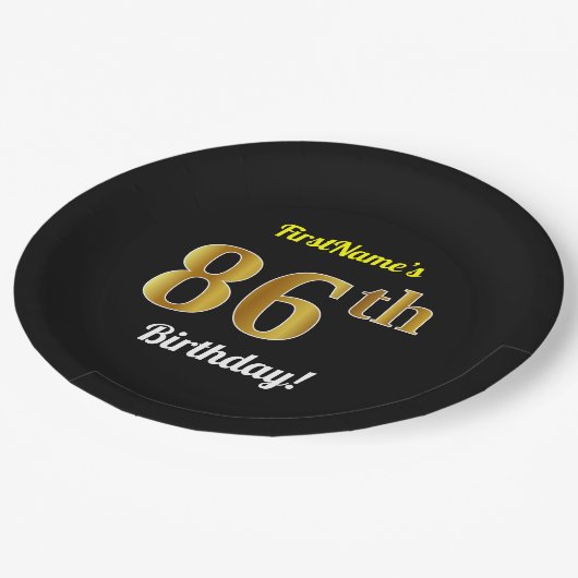 Zwart, Faux Gold 86th Birthday + Aangepaste naam Papieren Bordje (Gekanteld)