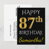 Zwart, Faux Gold 87th Birthday + Eigen naam Briefkaart (Voorkant / Achterkant)
