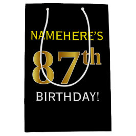 Zwart, Faux Gold 87th Birthday + Eigen naam Medium Cadeauzakje