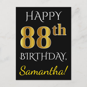 Zwart, Faux Gold 88th Birthday + Eigen naam Briefkaart