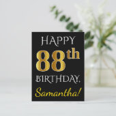 Zwart, Faux Gold 88th Birthday + Eigen naam Briefkaart (Staand voorkant)