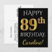 Zwart, Faux Gold 89th Birthday + Eigen naam Briefkaart (Voorkant / Achterkant)