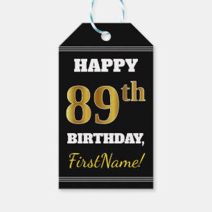 Zwart, Faux Gold 89th Birthday + Eigen naam Cadeaulabel