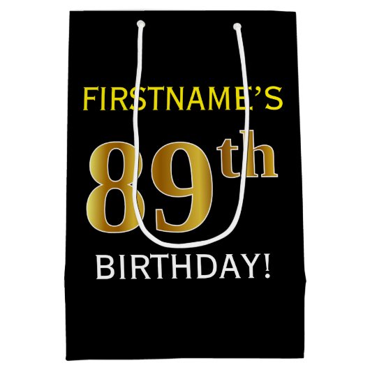 Zwart, Faux Gold 89th Birthday + Eigen naam Medium Cadeauzakje (Achterkant)