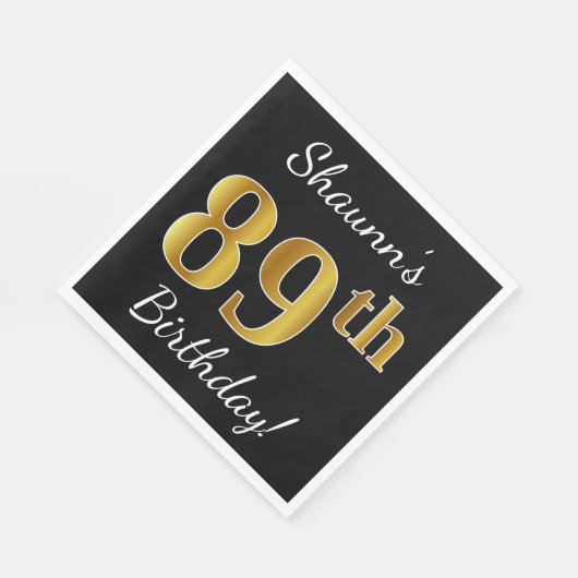 Zwart, Faux Gold 89th Birthday + Eigen naam Servetten (Hoek)