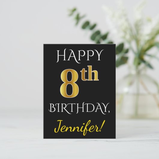 Zwart, Faux Gold 8th Birthday + Eigen naam Briefkaart (Staand voorkant)