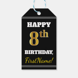 Zwart, Faux Gold 8th Birthday + Eigen naam Cadeaulabel