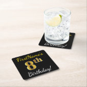 Zwart, Faux Gold 8th Birthday + Eigen naam Kartonnen Onderzetters (Insitu)