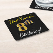 Zwart, Faux Gold 8th Birthday + Eigen naam Kartonnen Onderzetters (Schuin)