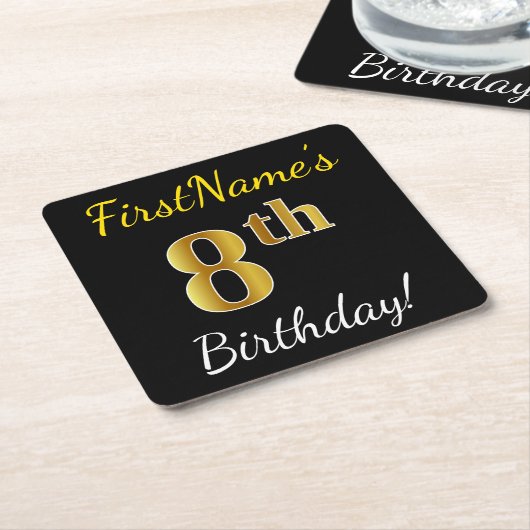 Zwart, Faux Gold 8th Birthday + Eigen naam Kartonnen Onderzetters (Schuin)