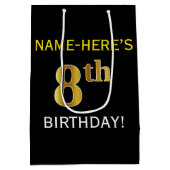 Zwart, Faux Gold 8th Birthday + Eigen naam Medium Cadeauzakje (Achterkant)
