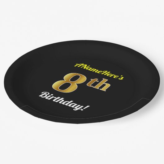 Zwart, Faux Gold 8th Birthday + Eigen naam Papieren Bordje (Gekanteld)