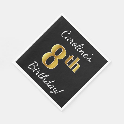 Zwart, Faux Gold 8th Birthday + Eigen naam Servetten (Hoek)