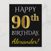 Zwart, Faux Gold 90th Birthday + Aangepaste naam Briefkaart (Voorkant)