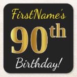 Zwart, Faux Gold 90th Birthday   Aangepaste naam Kartonnen Onderzetters<br><div class="desc">Dit eenvoudige ontwerp van papieren onderzetters heeft een boodschap als "FirstName’s 90th Birthday!", met de "90th" met een faux/imitatie goudachtige kleur uiterlijk, op een zwart gekleurde achtergrond. De naam kan gepersonaliseerd worden. Gepersonaliseerde papieren onderzetters als deze kunnen misschien worden gebruikt op een verjaardagsfeestje voor iemand die zijn negentigste verjaardag viert....</div>