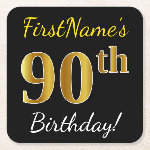 Zwart, Faux Gold 90th Birthday + Aangepaste naam Kartonnen Onderzetters