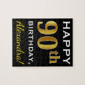 Zwart, Faux Gold 90th Birthday + Aangepaste naam Legpuzzel (Horizontaal)