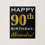 Zwart, Faux Gold 90th Birthday   Aangepaste naam Legpuzzel<br><div class="desc">Dit puzzelontwerp is voorzien van het bericht "Happy 90th Birthday",  met de "90th" een faux goudachtig uiterlijk. Het kenmerkt ook een douanenaam,  en een zwarte gekleurde achtergrond. Het zou kunnen worden gegeven aan iemand die zijn negentigste verjaardag viert.</div>