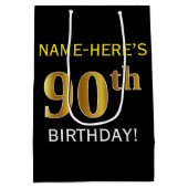 Zwart, Faux Gold 90th Birthday + Aangepaste naam Medium Cadeauzakje (Achterkant)